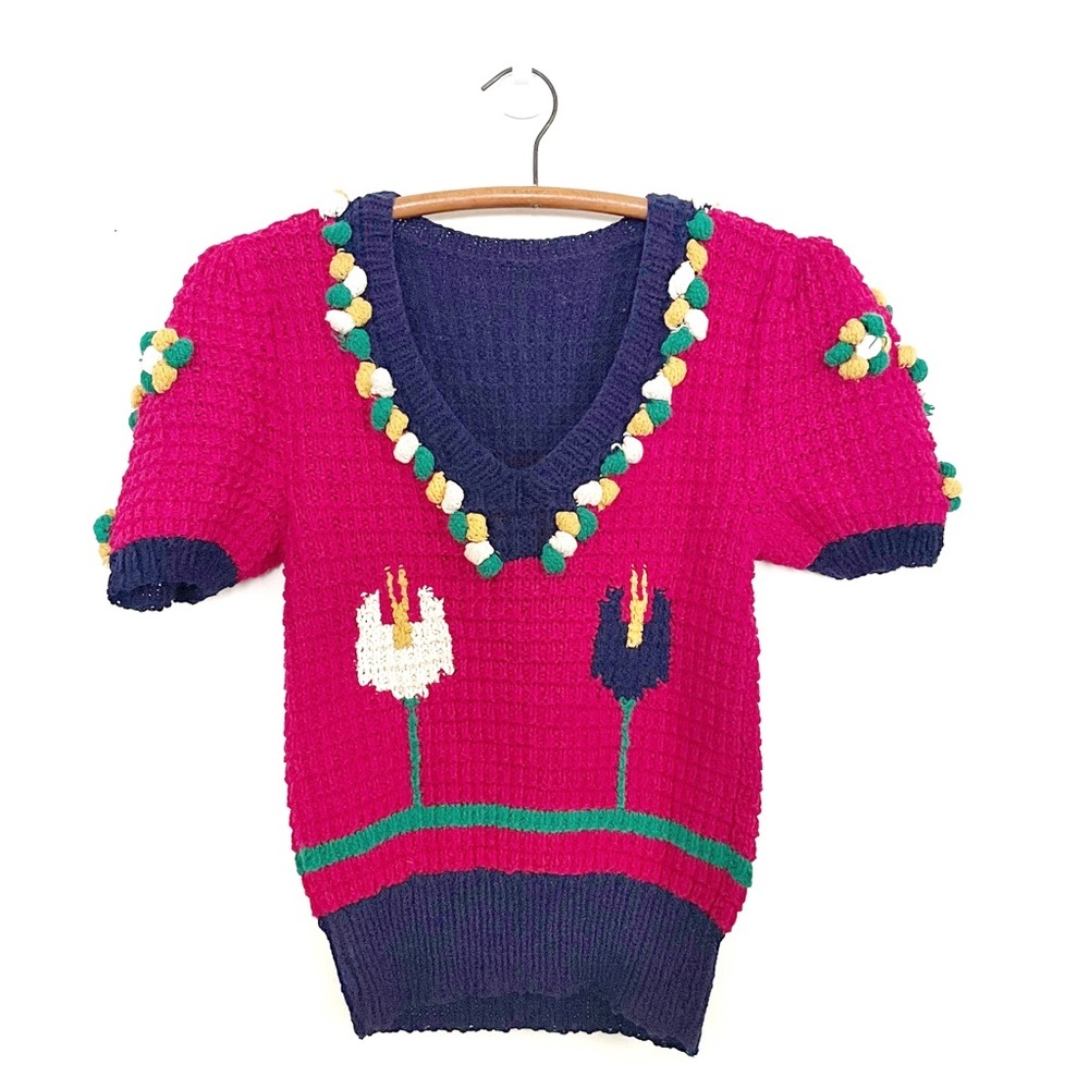 Vintage Puff Sleeve Pom Pom Bauble Knit Sweater Tulip Floral Pattern Size Small